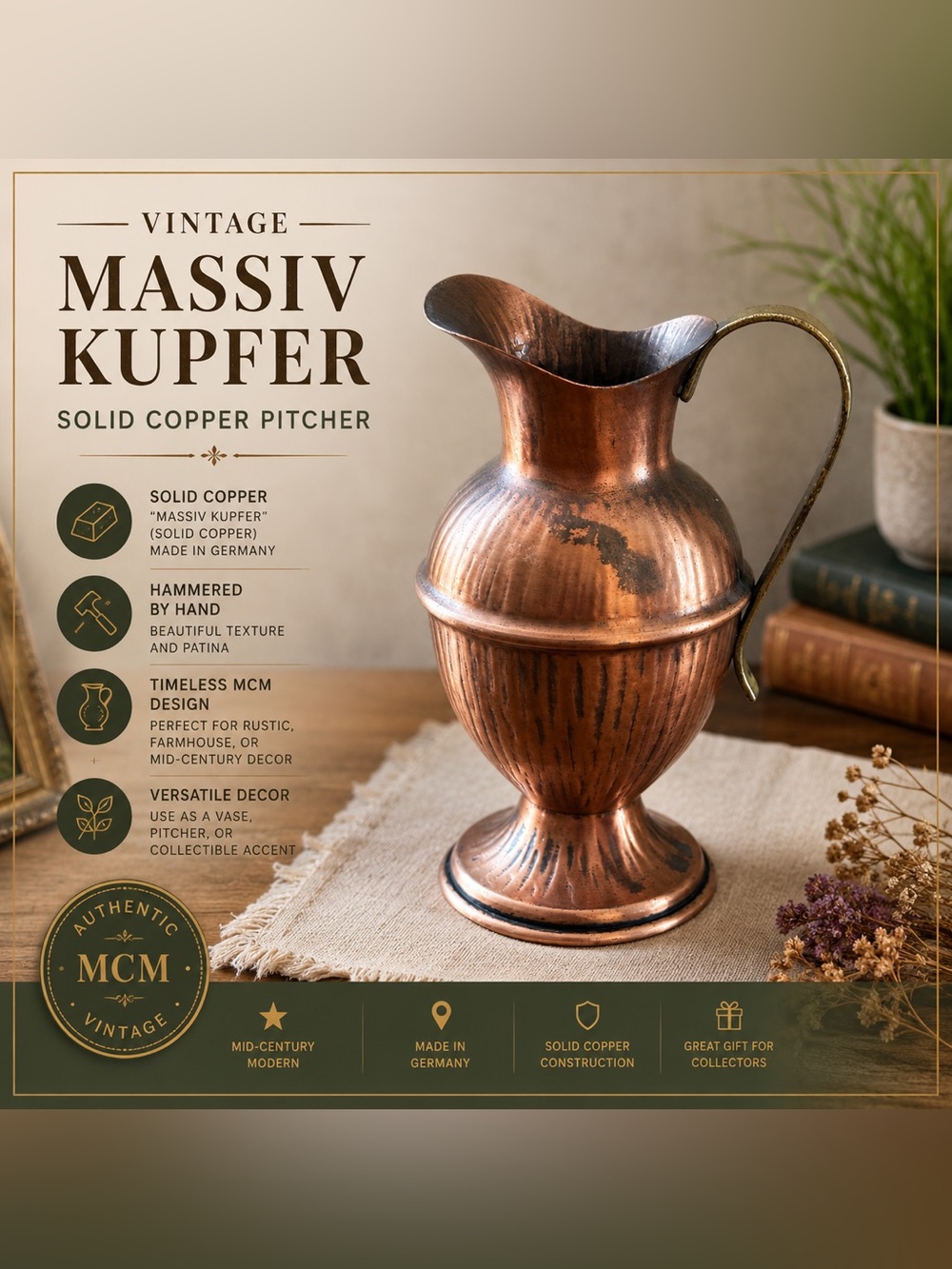 Vintage MASSIV KUPFER Solid Copper Pitcher Vase Hammered German MCM
